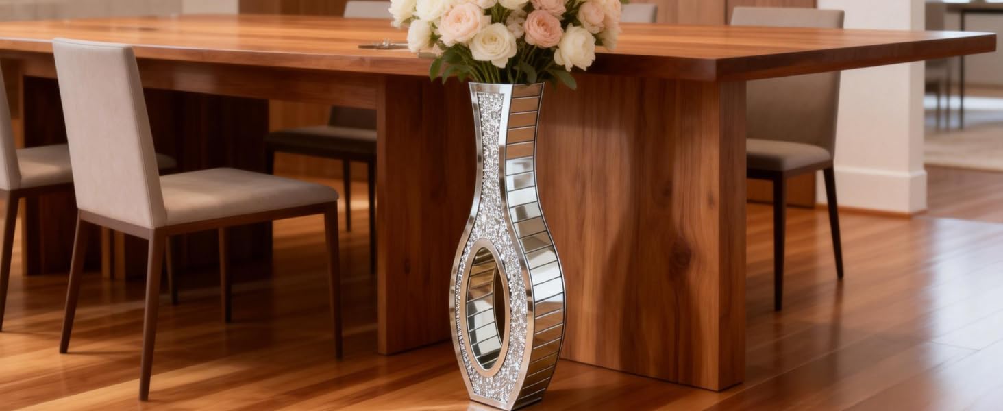 Ваза для квітів напольна 68 см, срібна ваза з кристалом для пампас трави, скляна ваза з дзеркальними діамантами, декоративна розкішна блискуча ваза для вітальні, декор інтер'єру – не для води (13L x 12.5B x 76.5H cm)