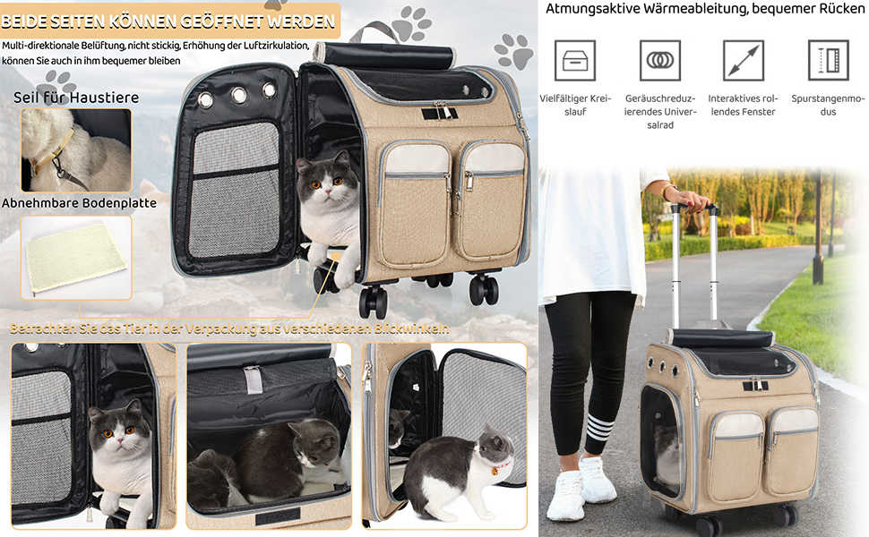 Транспортувальна сумка для тварин на колесах, для котів та маленьких собак, 4-в-1, рюкзак, дихаюча, хакі