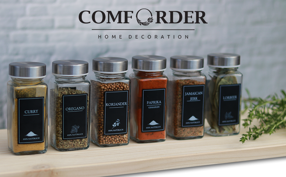 Набір скляних баночок для спецій Comforder, 25 шт, з органайзером, наліпками, лійкою, квадратні ємності 120 мл з кришками з нержавіючої сталі