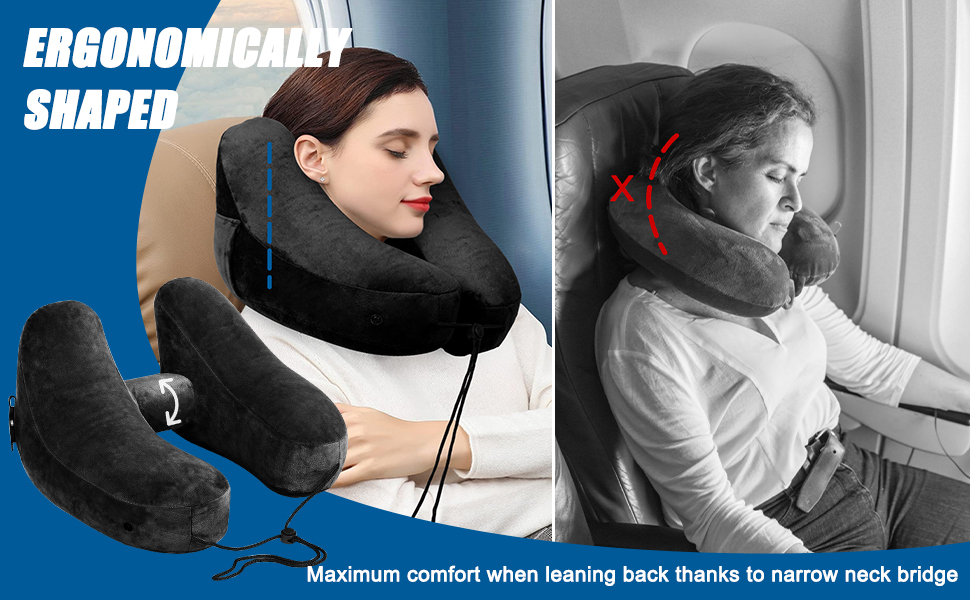 Подушка для шиї в літак, авто: надувна з капюшоном, для дорослих, Travel Pillow, чорна