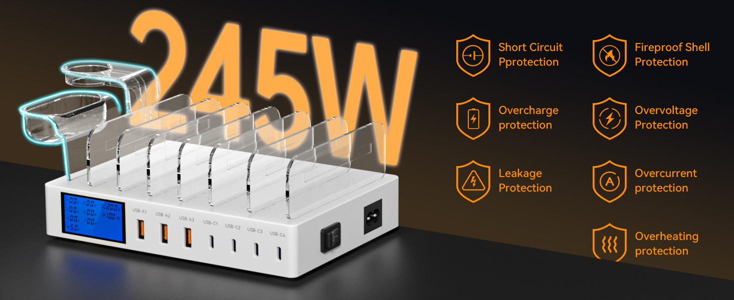 Зарядна станція 245W USB для 7 пристроїв з LCD-дисплеєм, кабелями та тримачем для iWatch, чорна - для iPhone, планшетів та іншої електроніки