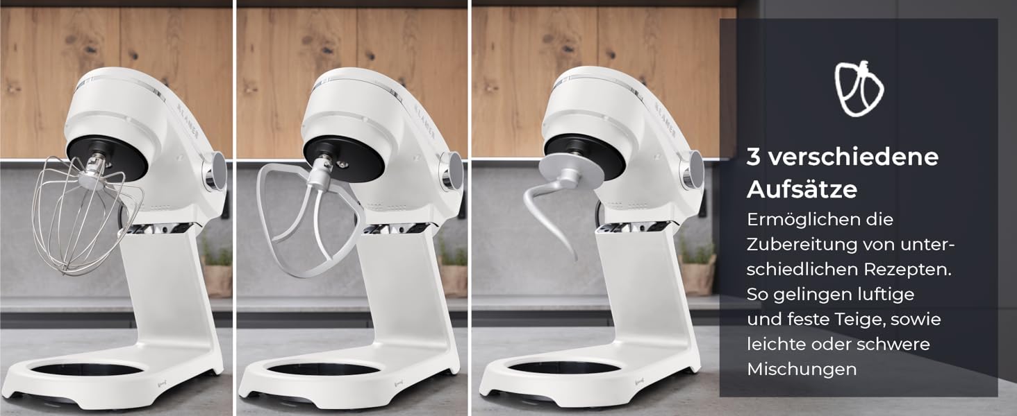 KLAMER 1800W Stand Mixer - Stainless Steel Bowl 6L, 10 Speed Settings, Timer, Planetary Mixing, Dough Hook, Whisk & Beater - White