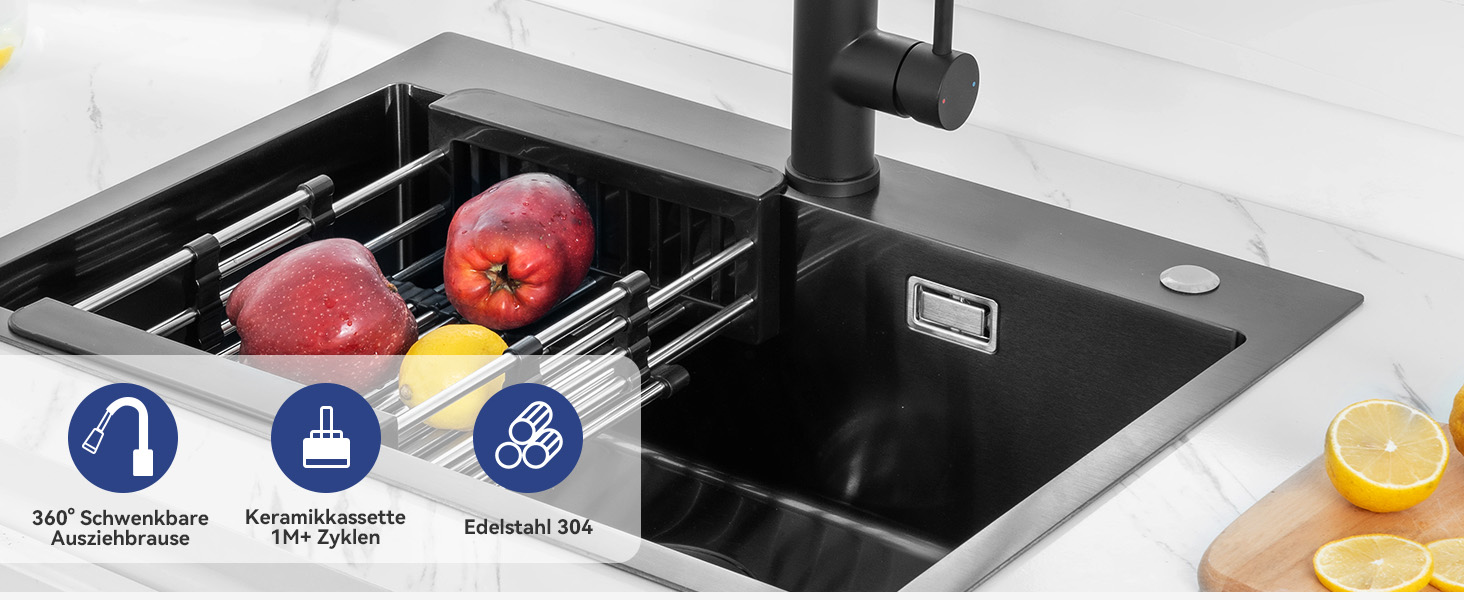 Кран кухонний CECIPA SOFETIY SERIE, чорний, з висувною лійкою, 360° поворот, нержавіюча сталь, двофункціональний