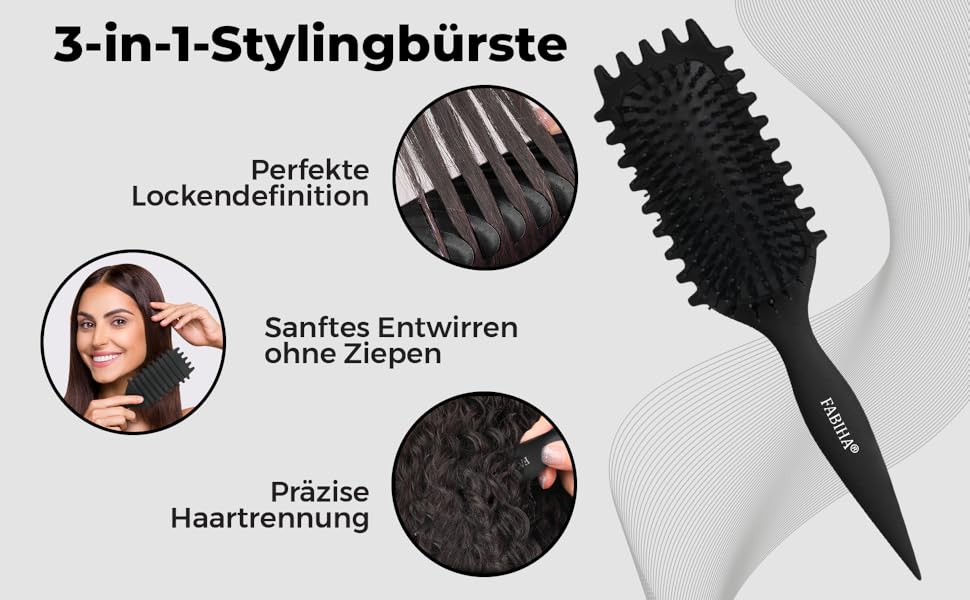 Щітка для волосся Lockenbürste Premium - для кучерявого волосся, біо-щітка з щетиною дикого кабана, оригінальна 3-в-1 для створення локонів (чорна)