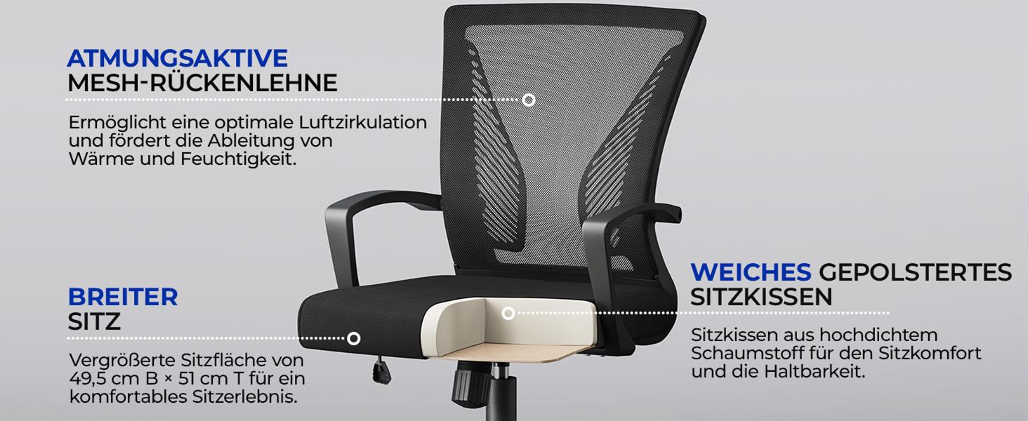 Офісний крісло Yaheetech ергономічне, комп'ютерне з сітчастою спинкою, з підлокітниками, для офісу та дому, чорне, до 136 кг, з регулюванням висоти та функцією гойдання