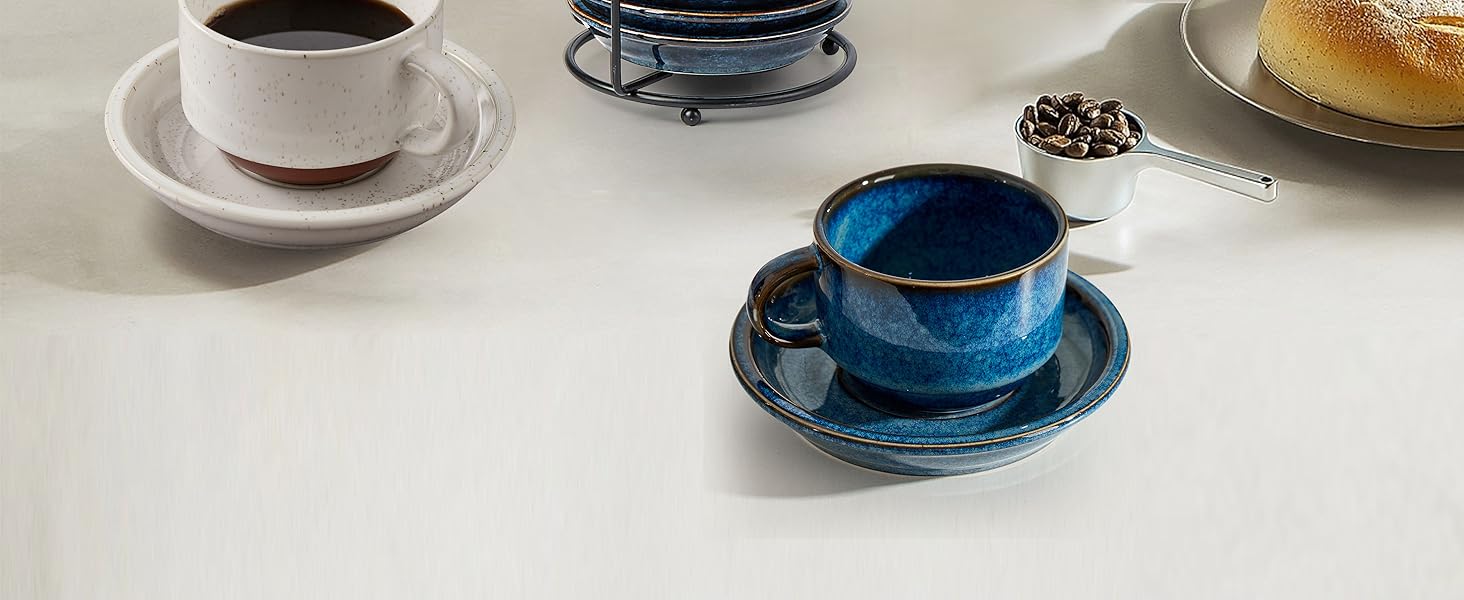Набір чашок для еспресо HOME DECOR - 6 чашок з підставками, 140 мл, реактивна глазур, блакитний колір