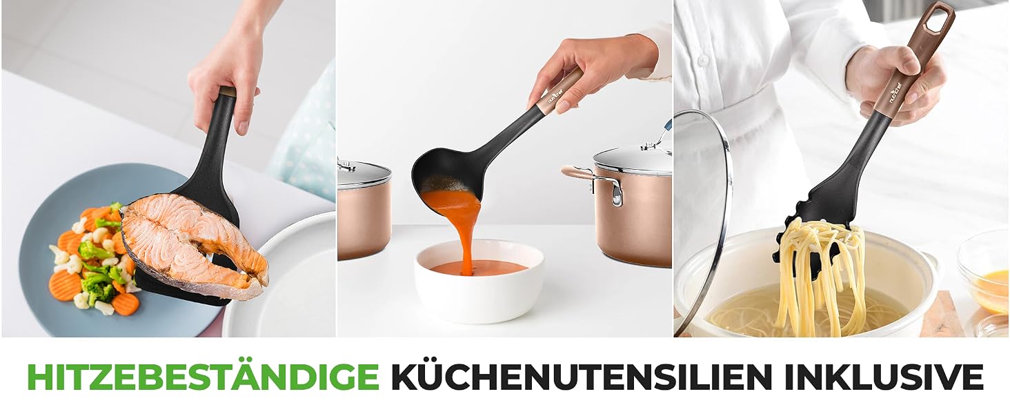 Набір посуду NutriChef для індукції та всіх типів плит, 14 предметів, антипригарне покриття без PFOA/PFOS, сталь та алюміній, золотий