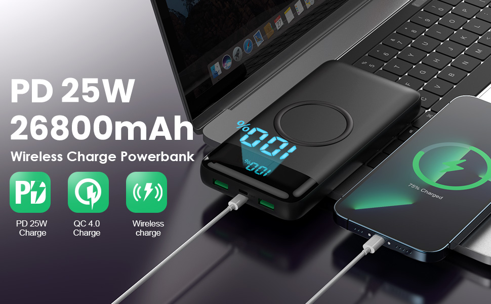 Power Bank 26800mAh з бездротовою зарядкою 15W, 25W PD3.0+QC4.0, 4 виходи USB-C, LCD дисплей, чорний Q2