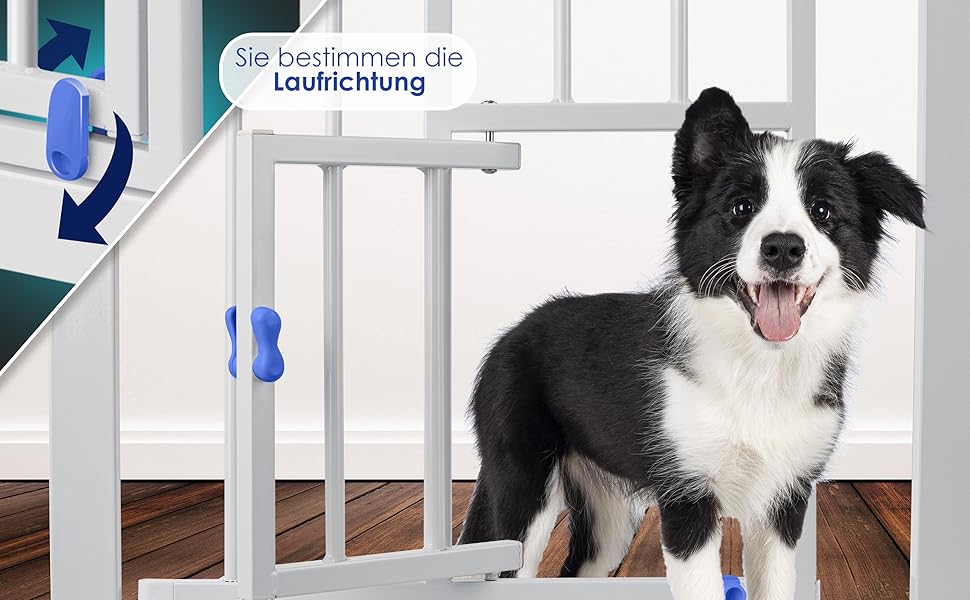 Захисне ворота KIDIZ для дітей з люком для котів, без свердління | Захист від падіння, поворотне, біле | Ширина: 102-115 см, блакитне