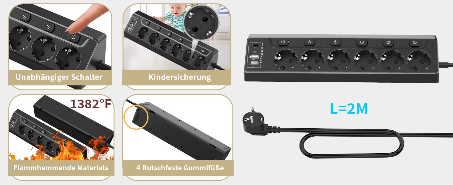 Мережевий фільтр з USB-C, 6 розеток, кабель 2м (4000W, 16A), розподільний блок для кухні/офісу, чорний