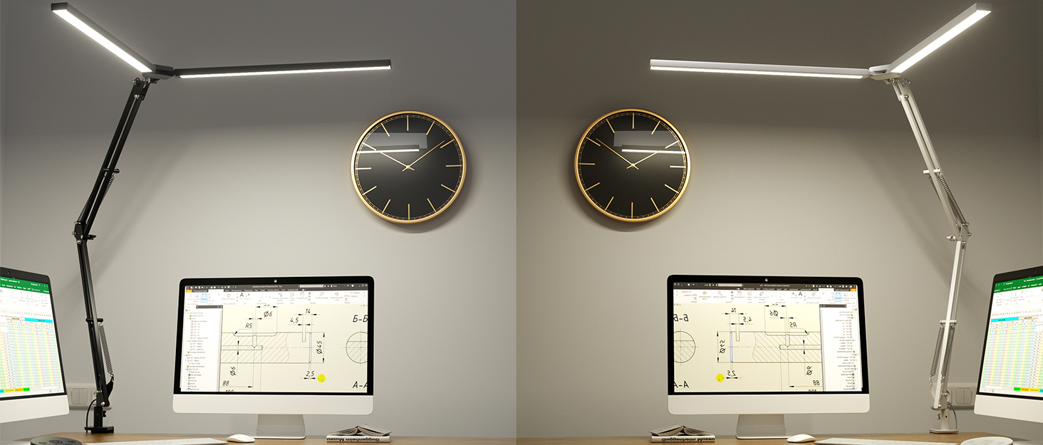 SKYLEO LED Desk Lamp with Dual Heads, Remote Control, Clamp-On, 2400 Lumens, 24W, 5 Color Temperature Modes, Timer & Memory, Easy Installation - For Office, Reading, 76cm Lamp Length with Clamp