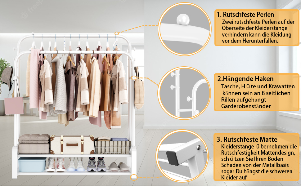 Freestanding clothes rack with double rod design, clothes hangers, 8 hooks, and 2 shoe shelves - Multifunctional wardrobe stand in white for the bedroom