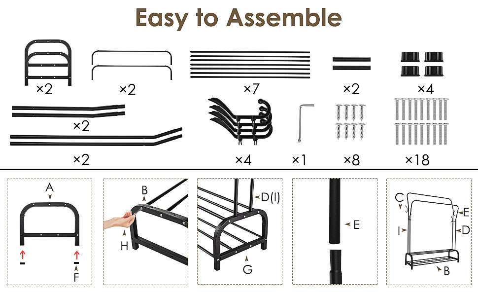 Стійка для одягу на підлозі з металу з полицею для взуття та нижньою полицею, чорна, подвійна