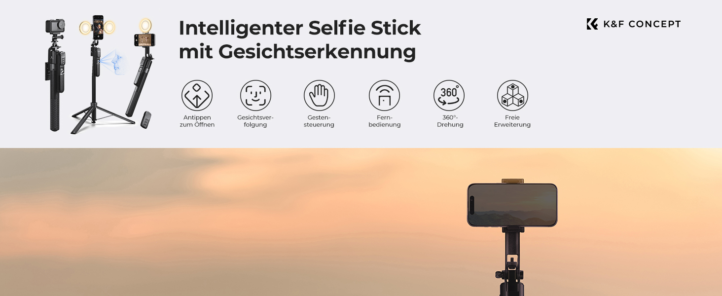 Штатив K&F Concept Smart Series з кільцевою світлодіодною лампою, 1.8 м, алюмінієвий, з функцією відстеження обличчя, сумісний з iPhone/Samsung/Android та DJI/Insta Sport Cameras