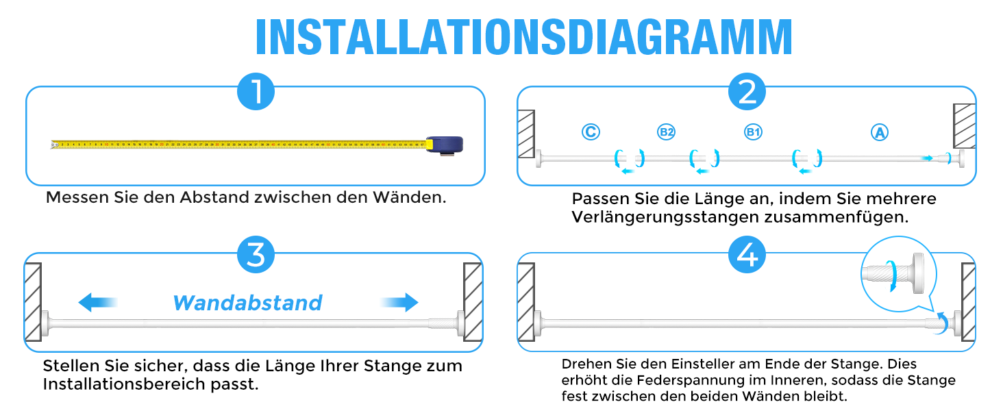 Штанга для карнизів AIZESI без свердління, 100-230 см, Ø 25 мм, телескопічна, для кріплення - регульована штанга для вікон, душу, балкону (білий, 81-158 см)
