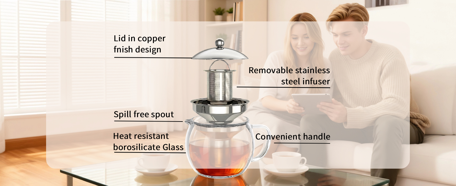 Скляний чайник Teekanne 1,5л з ситом із нержавіючої сталі та кришкою під мідь, заварник із боросилікатного скла для листового чаю
