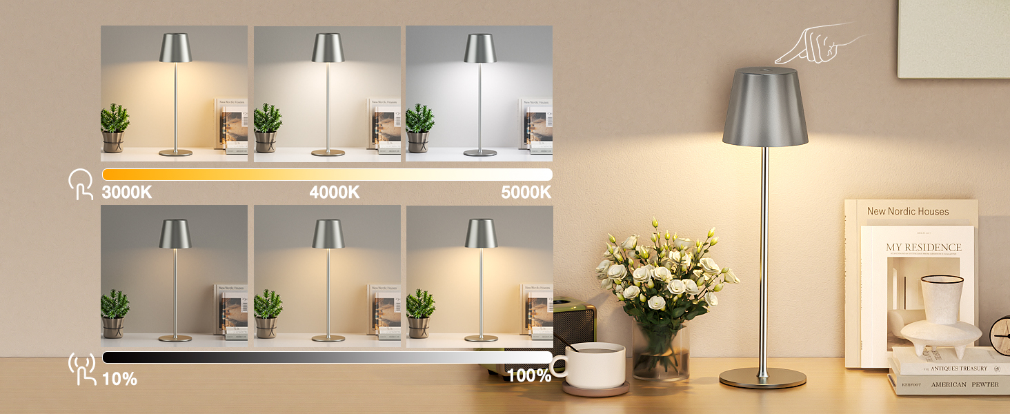 Акумуляторна LED настільна лампа бездротова з USB-C зарядкою, регульованою яскравістю та 3 режимами освітлення (сіра)