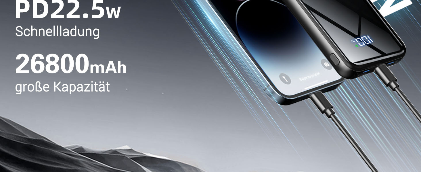 Портативний акумулятор Power Bank 26800mAh з LED дисплеєм, швидкою зарядкою 22.5W USB-C PD3.0 & QC4.0, чорний. Сумісний з iPhone 16 Pro Max, Galaxy S25 Edge/S24, планшетами