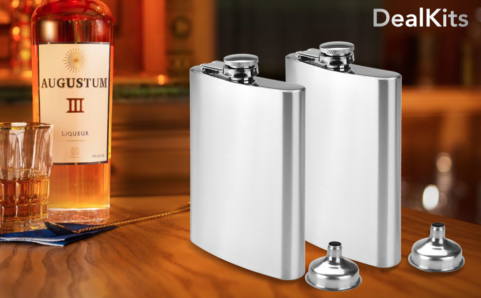 Набір з 2 фляг DealKits з нержавіючої сталі, 227 мл (8oz), з воронкою, для алкоголю, 304 нержавіюча сталь