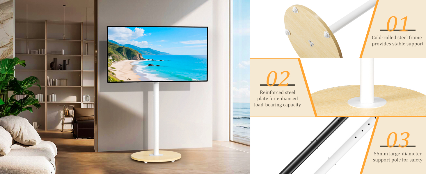 Підставка для телевізора Unho з коліщатками, регульована по висоті, для телевізорів 40-75 дюймів, VESA 600x400 мм, до 50 кг, біла