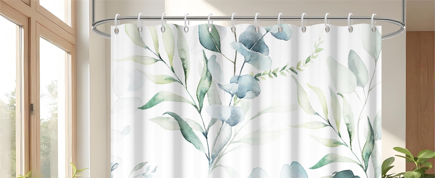Штора для душу 120x200 см з евкаліптом, зелені листя, акварель, анти-грибок, водонепроникна, поліестер, з гачками для ванної кімнати