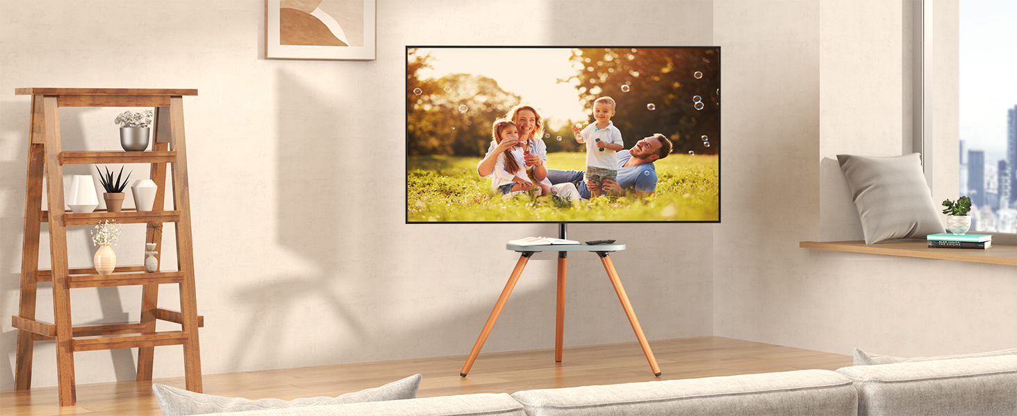 Adjustable TV Stand with Easel Design - Fits 43-65 inch TVs, Max VESA 400x400mm, 35kg Weight Capacity, Wood Tray - White (Black)