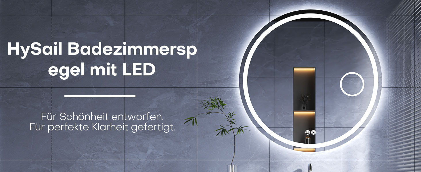 Дзеркало для ванної кімнати HySail з підсвічуванням, 5 мм, висока роздільна здатність, срібне покриття, 3 колірні температури та регульована яскравість, настінне дзеркало з сенсорним вимикачем та антизапарюючим покриттям, кругле (3 кольори + регулювання + дзеркало для макіяжу, 80x80 см)