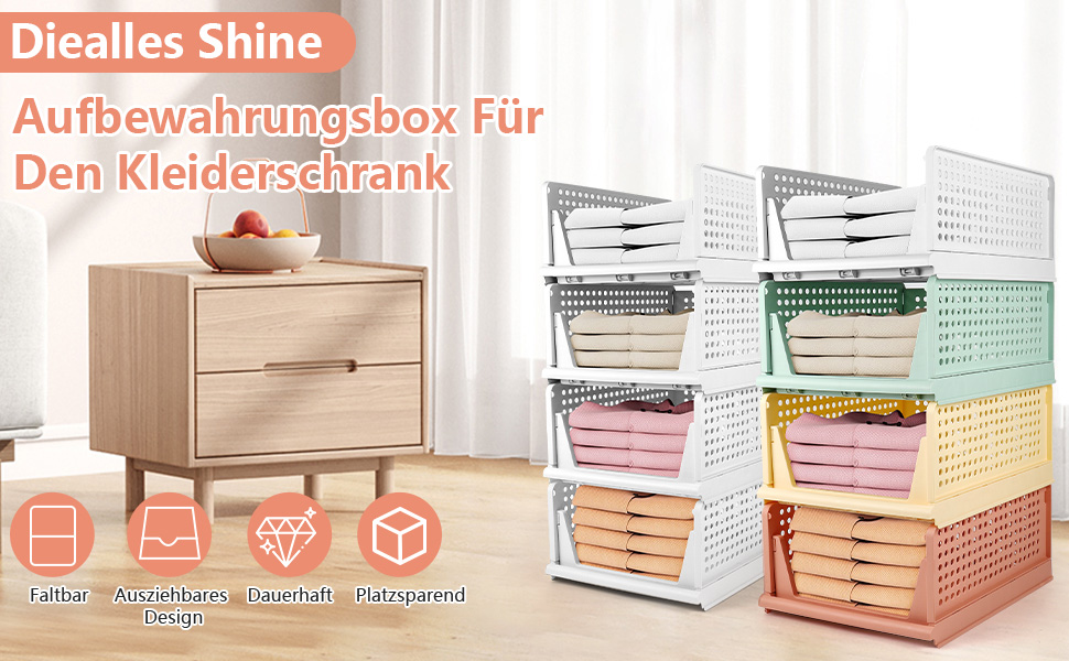 Diealles Stackable Drawer Boxes, 4 Pack Closet Organizer Pull Out, Plastic Drawer Organizer Closet, Foldable Closet Drawers for Clothes Closet Pantry (White)