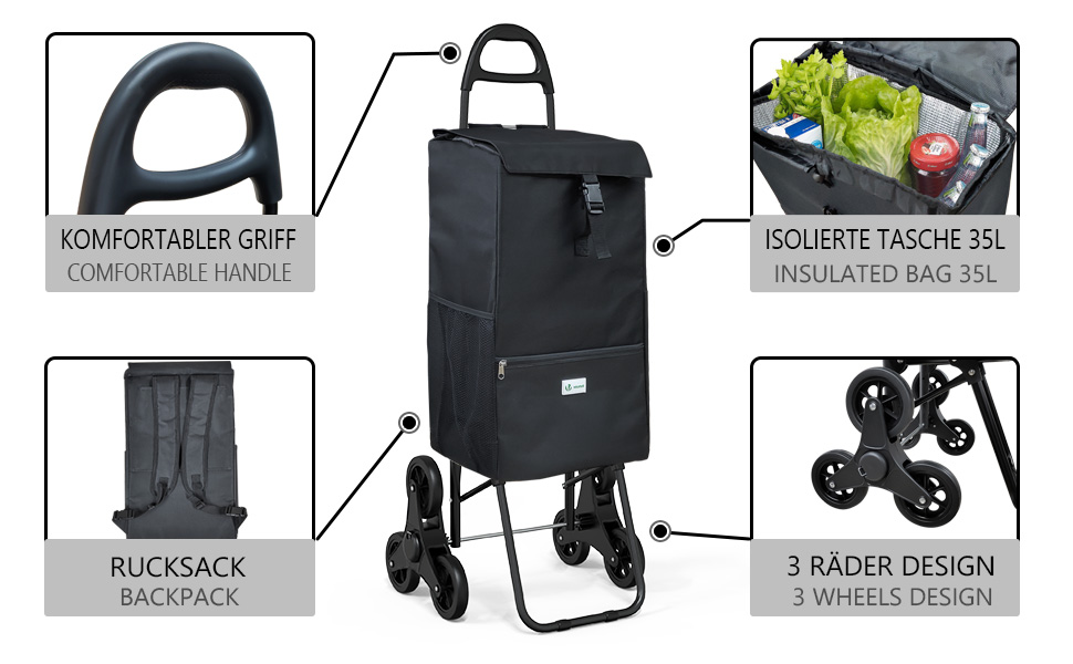 Тростина-тележка Vounot з підйомником для сходів та холодильником, складаний візок для покупок на 3 колесах, 40 л, чорний