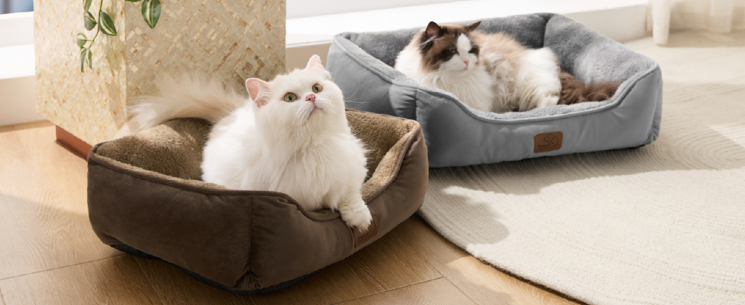 Кішечка ліжко BEDSURE велике, миється - 63.5x53см, неслизьке, для собак та кішок, квадратна корзина з м'яким бордюром, сіре, 63.5 x 53 см (Д x Ш)