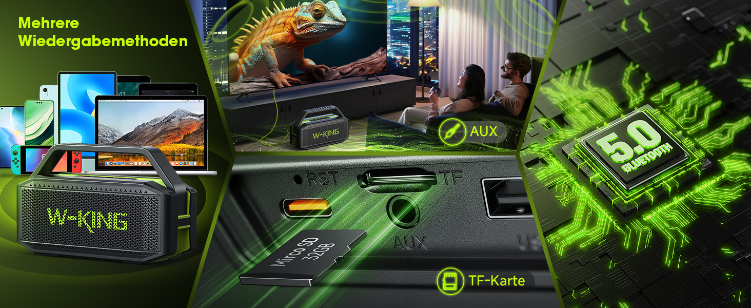 W-KING Bluetooth колонка 100W (60W) IPX6, портативна, глибокий бас, до 40 годин, TF/AUX/EQ, зелена
