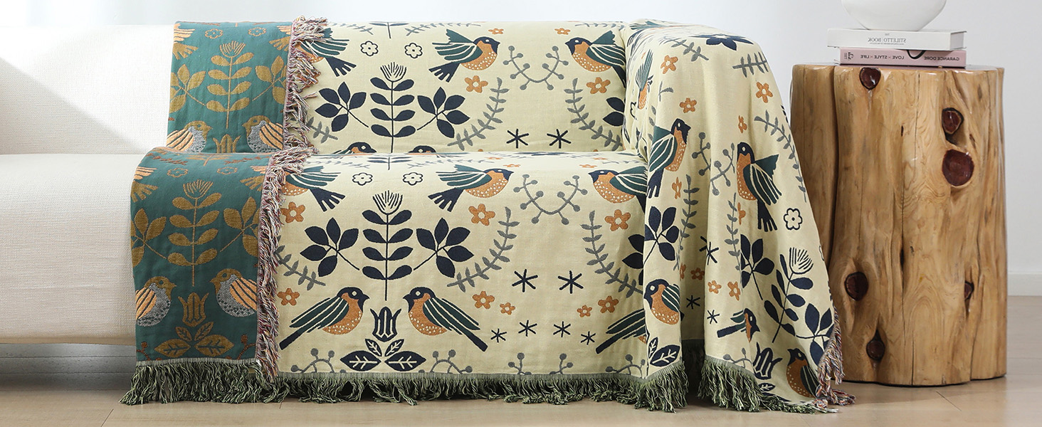 Двосторонній плед Boho 100% бавовна 200×230 см, мусліновий покривало для дивану, крісла та ліжка, м'який і затишний, синьо-бежевий