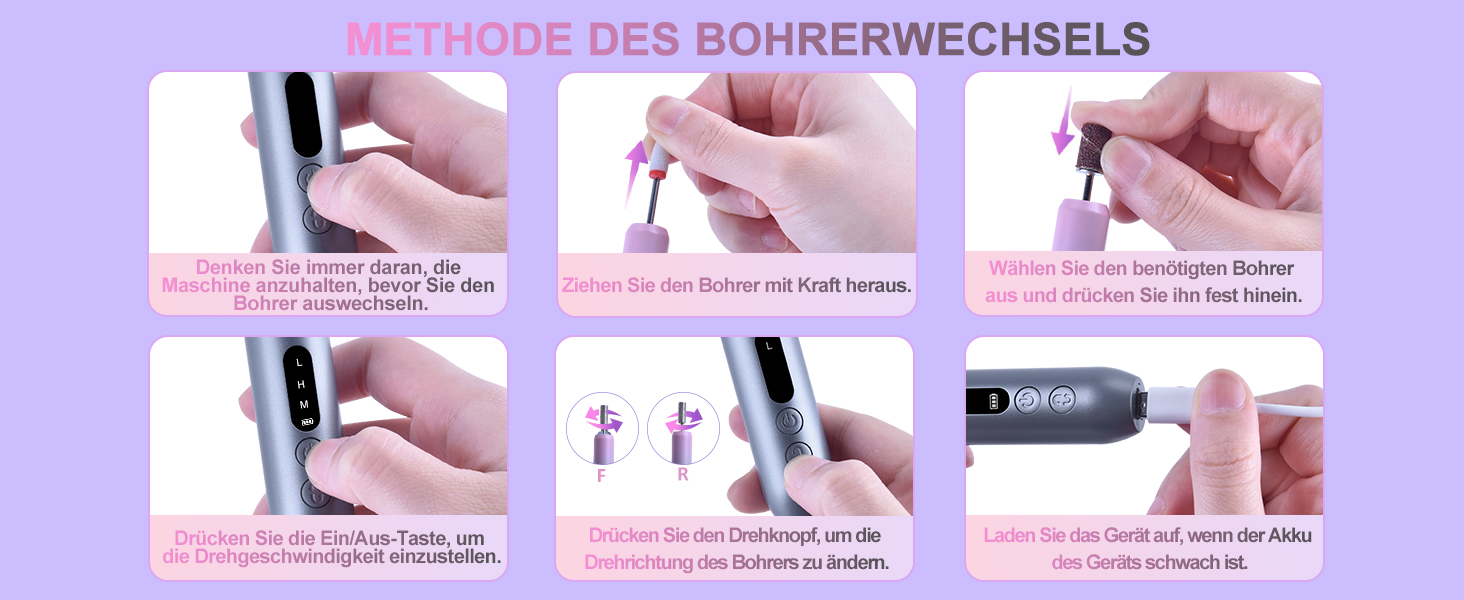 Електричний набір для манікюру та педикюру Nagelfräser: набір для шліфування, полірування та видалення гель-лаку, USB, 30000 об/хв, 3 швидкості, LCD-дисплей, сірий та рожевий