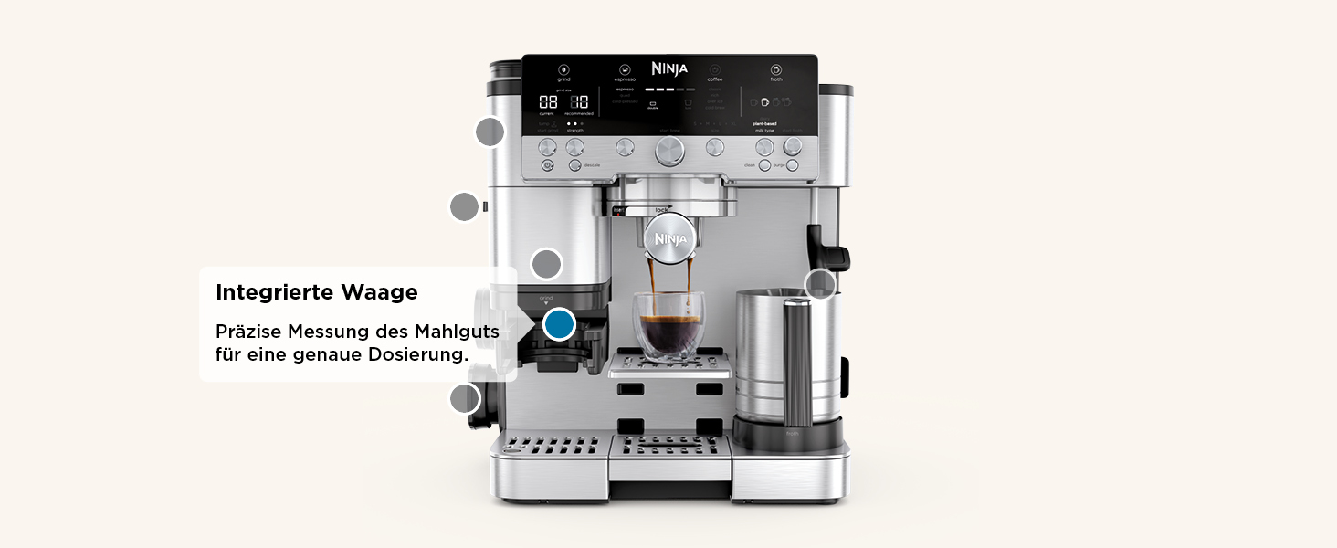Ninja Luxe 2-в-1 кавомашина з вбудованим млином та капучинатором для лате, капучино та еспресо, срібна, ES501EU (Premier)
