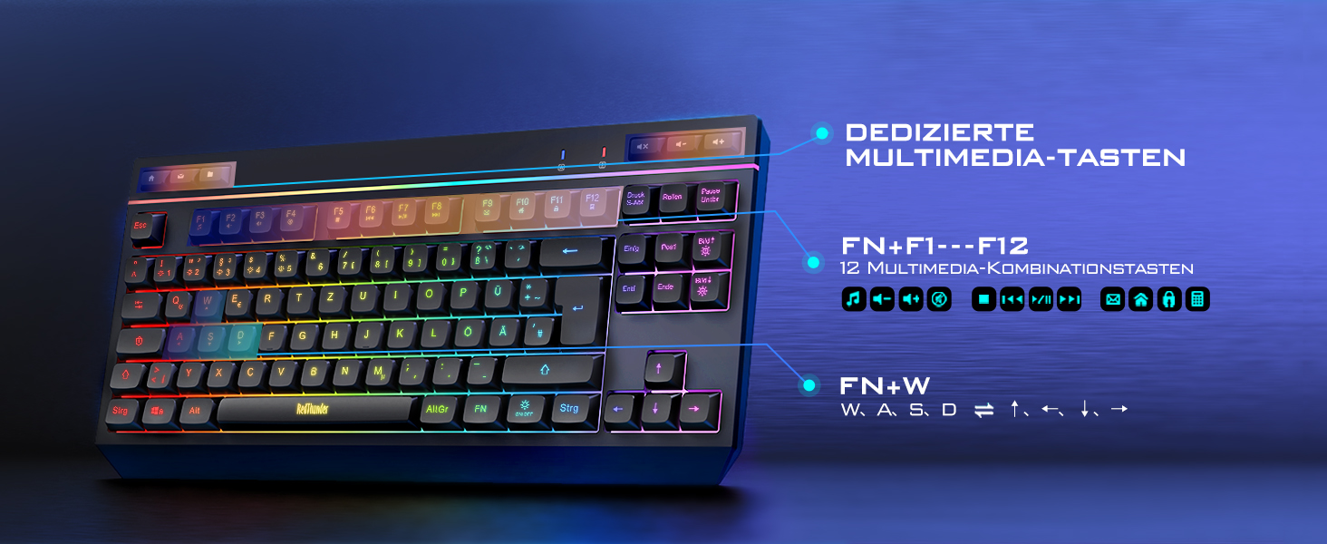 Бездротовий комплект клавіатури та миші RedThunder 75% QWERTZ RGB з підсвічуванням, для ПК Xbox PS5, чорний. Підтримка мультимедійних функцій та оптичний сенсор 7D.