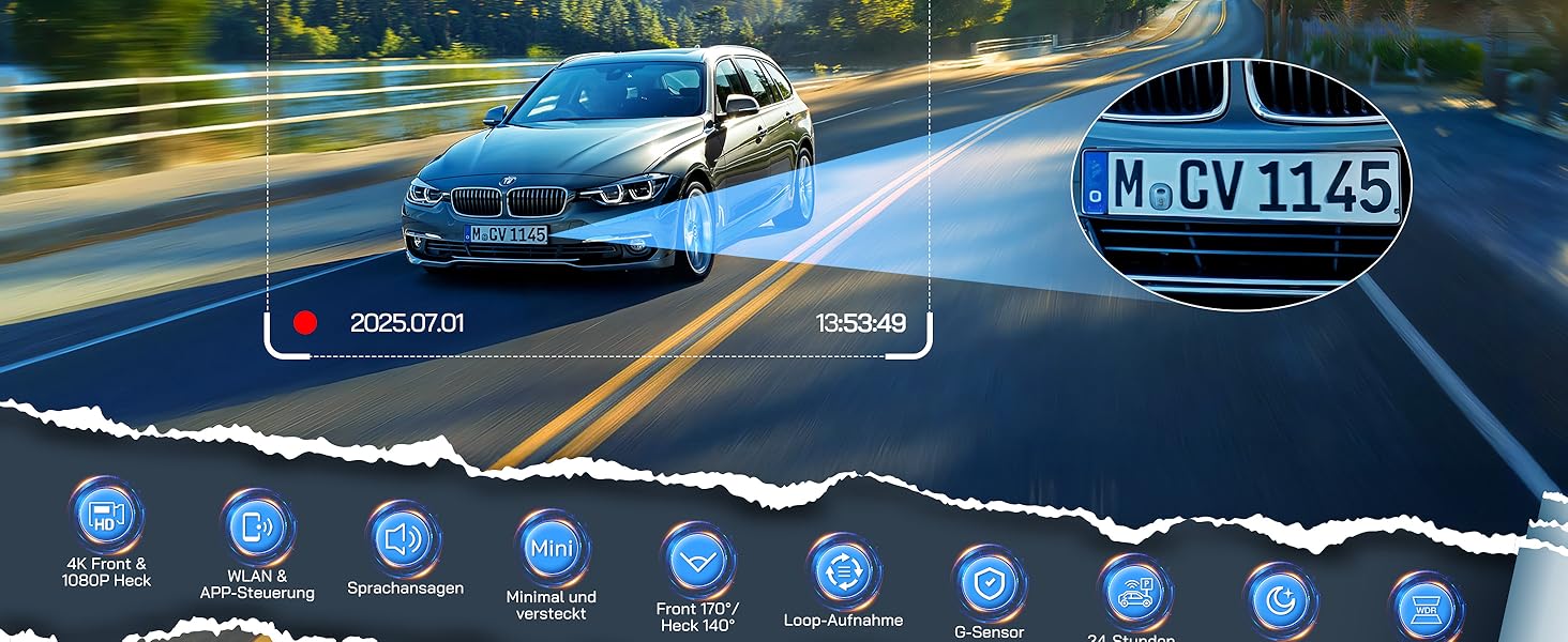 Автомобільний відеореєстратор WOLFANG 4K з WiFi, передня та задня камери, 3