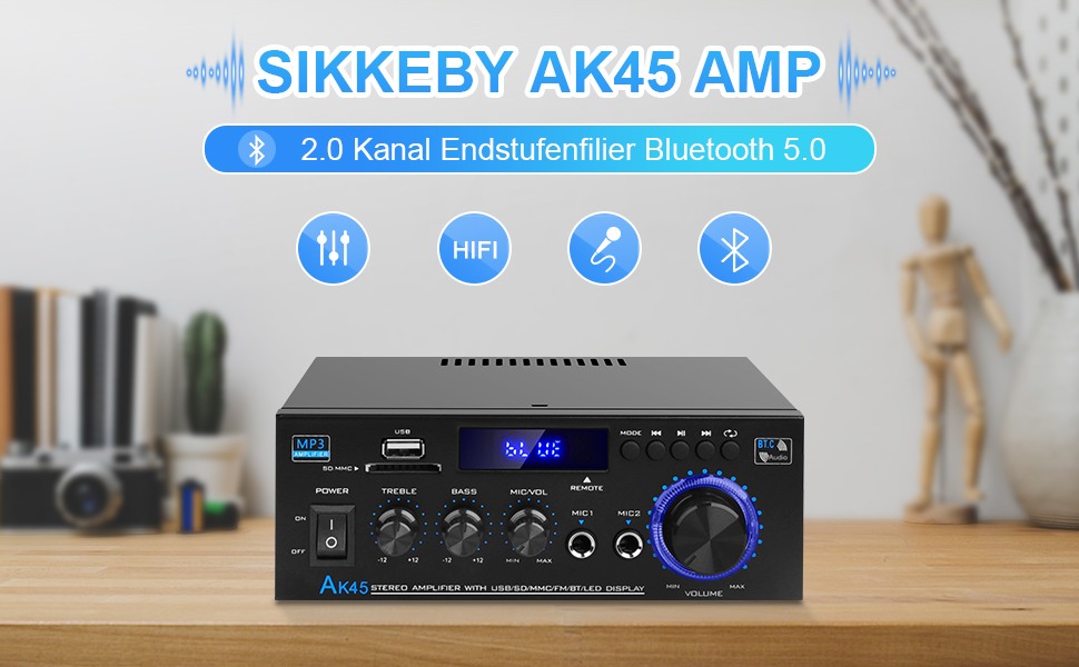 HiFi підсилювач AK45 Mini Bluetooth стерео, 2-канальний, 400 Вт, цифровий аудіо підсилювач з FM-радіо, SD/USB, для дому та авто