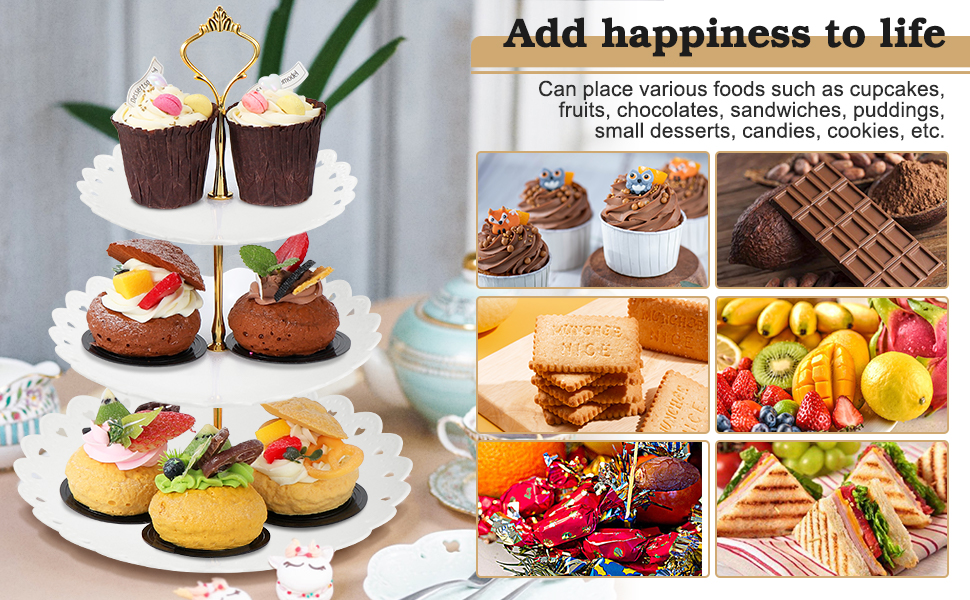 Трирівнева підставка для капкейків, десертів, фруктів та солодощів. Підходить для святкування: Весілля, День народження, Хрещення. Чорно-білий колір, пластик.