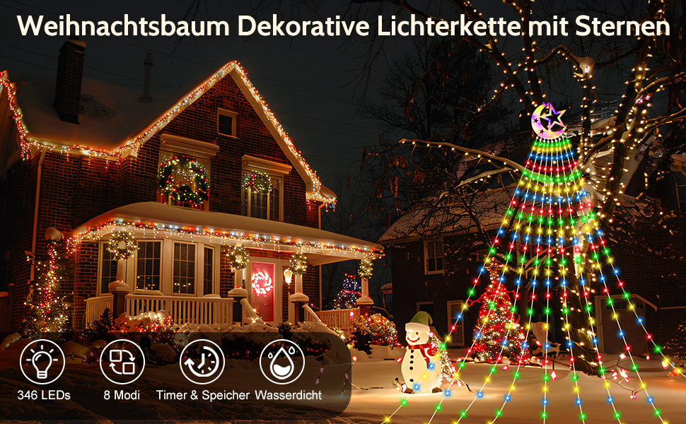 Гірлянда для ялинки 3.5м, 346 LED, 9 струмків, зірка-верхівка, 8 режимів, вологостійка, тепле біле світло (RGB), для декору ялинки