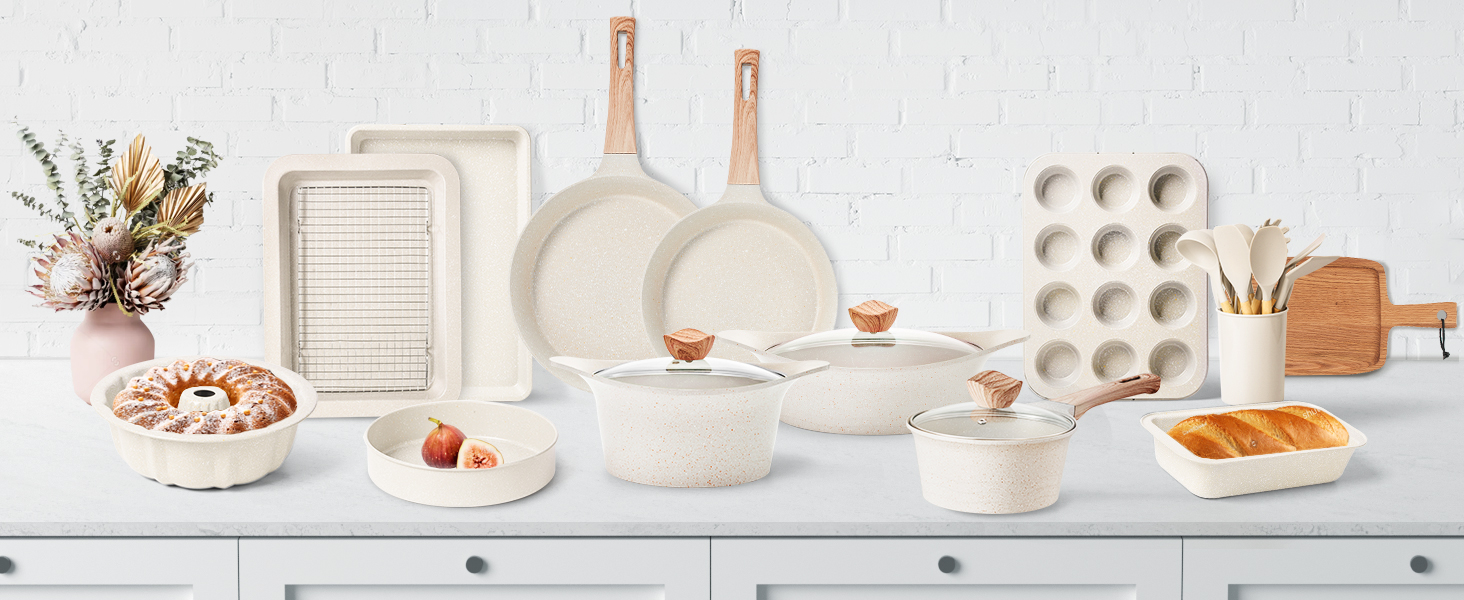 Набір посуду RIOVARM з індукційним покриттям з граніту Antihaft, з кришкою: каструлі, сковорідки, шпатель. Без PFOA.