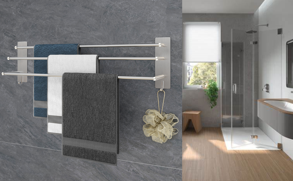 Тримач для рушників Vista з 3-ма перекладинами, 75 см, SUS304 нержавіюча сталь, без свердління, з двома гачками, сріблястий, для ванної, кухні, спальні