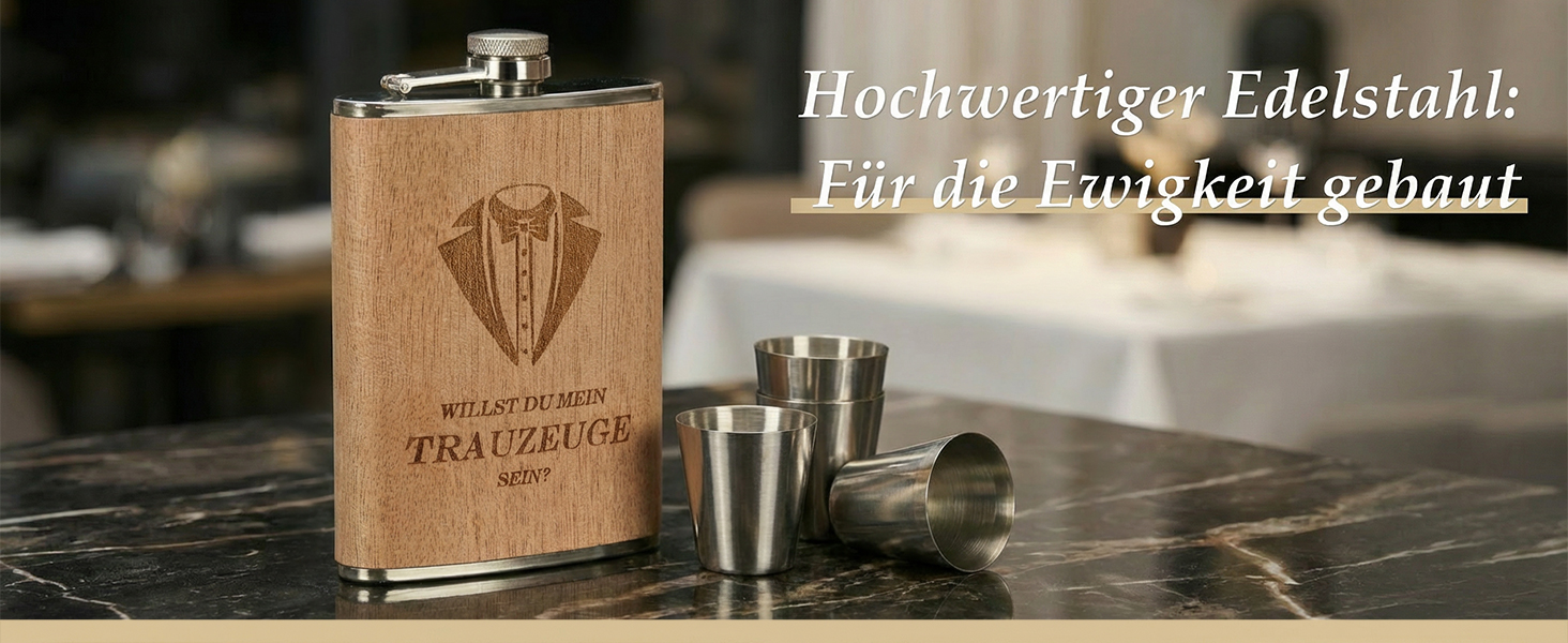 Персоналізований набір фляг 8oz з гравіюванням – фляга з нержавіючої сталі, 4 склянки, воронка & подарункова коробка для дружків, подарунок на весілля для чоловіків та жінок (колір дерева)