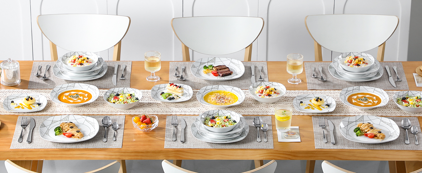 VEWEET Сервіз столовий 'Serena' з порцеляни, 24 елементи | 6 тарілок для сніданку, десерту, їжі та супу | Сервіз для 6 осіб, ресторану, сім'ї, білий