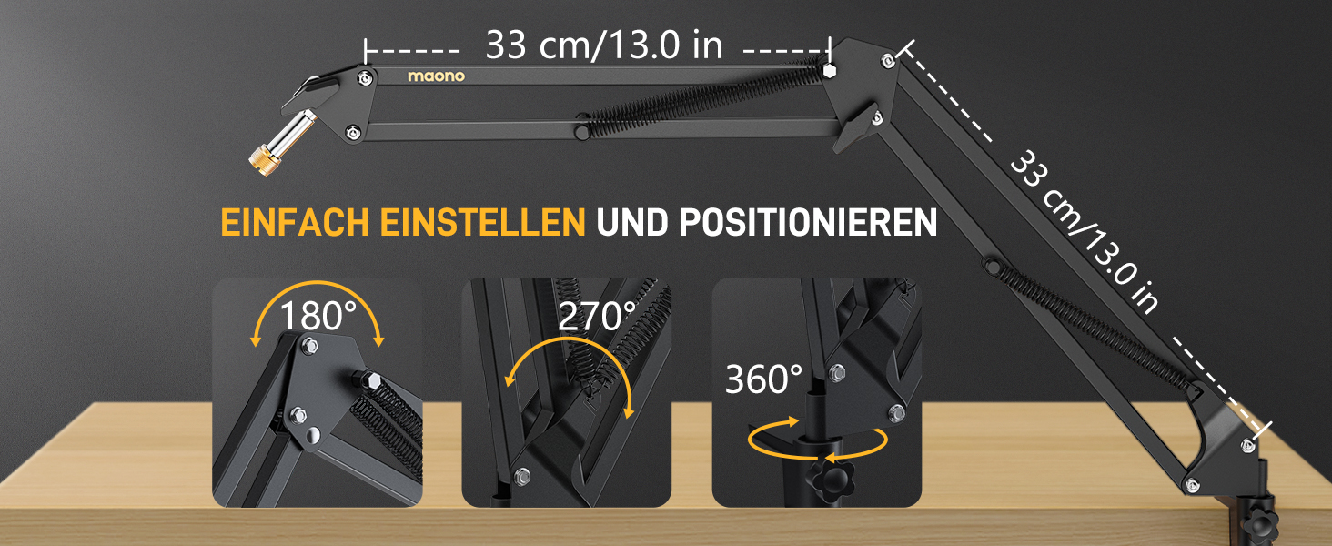 Тримач для мікрофона Maono BA20, регульований, для подкастів, геймінгу, стрімінгу та запису звуку, з кріпленням до столу та адаптером 3/8' - 5/8'