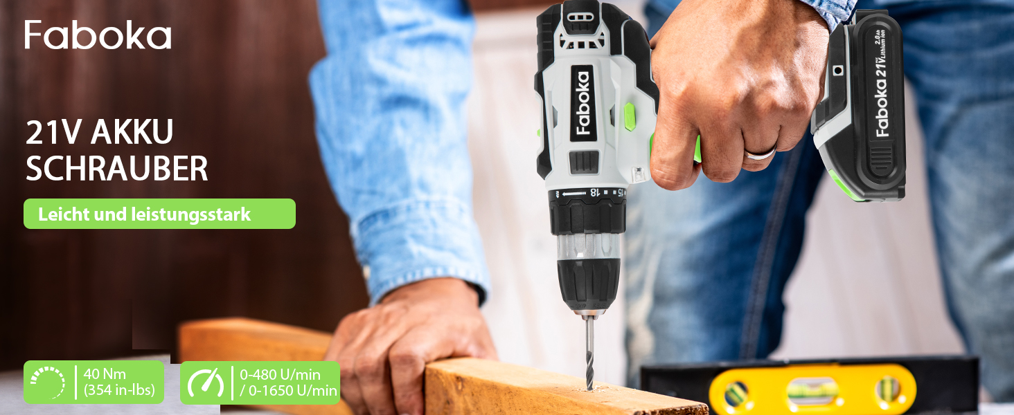 Faboka 21V акумуляторний шуруповерт, комплект з 2 акумуляторами 2.0Ah, 40Nm, 18+1 ступенів, 10мм патрон, регулювання швидкості, LED-підсвічування, для ремонту та DIY