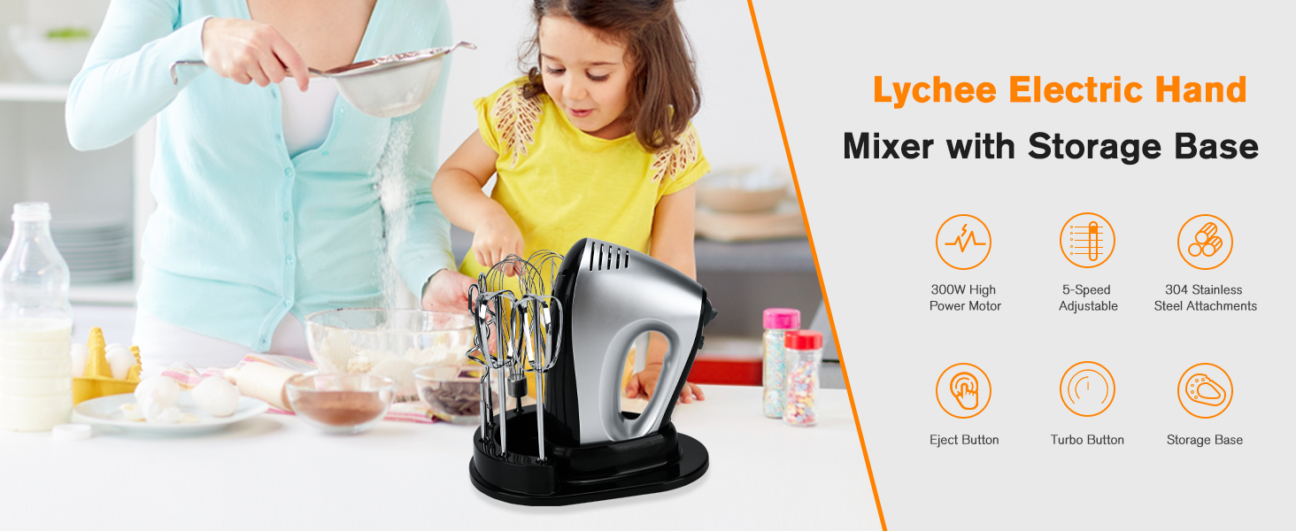 Електричний міксер Lychee з анти-розбризкуванням, 5 швидкостей (Turbo), база для зберігання, 6 насадок з нержавіючої сталі, 300W