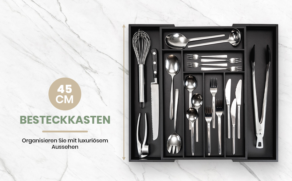 Органайзер для кухонних ящиків Besteckkasten #47 (глибина 47 см) з бамбука, чорний - висувний, система організації для столових приборів