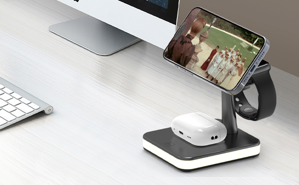 Бездротовий зарядний пристрій 4-в-1 з підсвічуванням та USB-портом для Apple iPhone, iWatch, AirPods (Чорний)