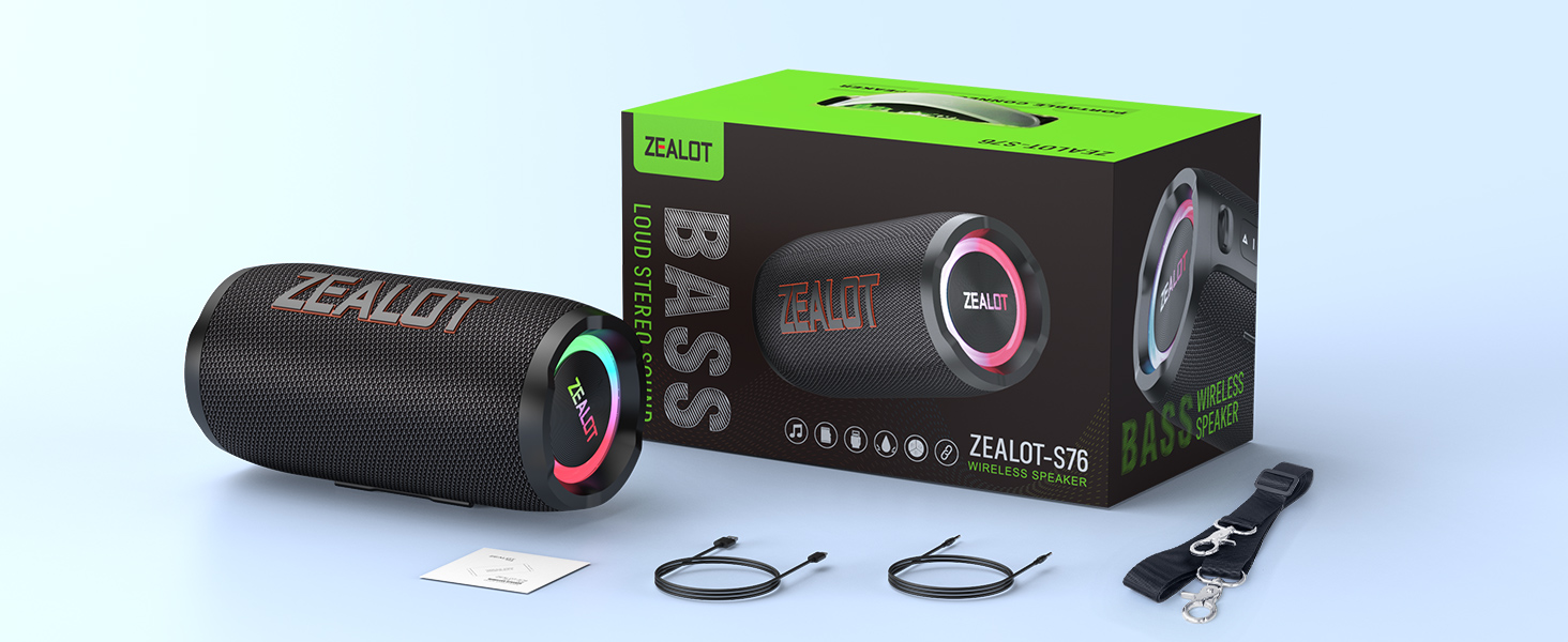 ZEALOT Bluetooth колонка 60W (70W пік) з підсвіткою, портативна, USB/Micro SD/AUX, Bluetooth 5.3, IPX6 водонепроникна, подвійне з'єднання, стереозвук для телефону, пляжу