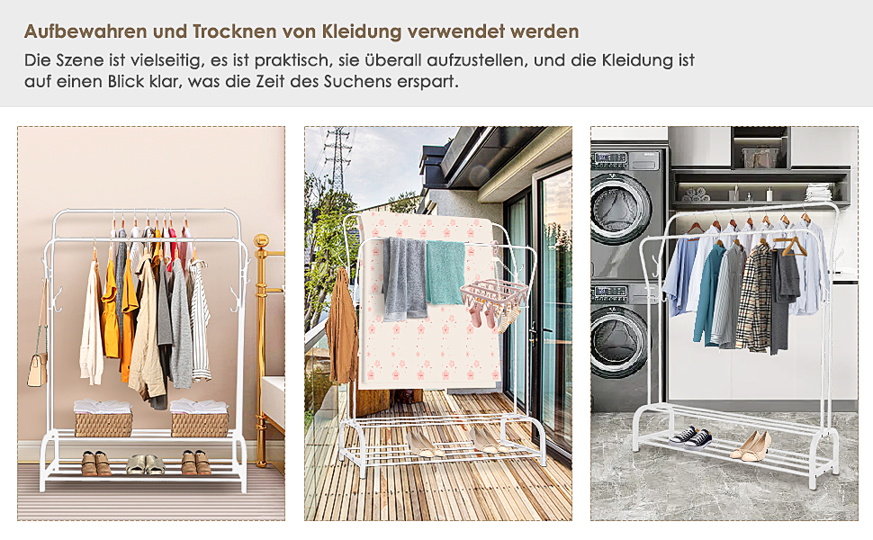 Стійка для одягу на підлозі з металу з полицею для взуття та нижньою полицею, для спальні. Металева стійка для одягу з подвійними вішалками (біла)